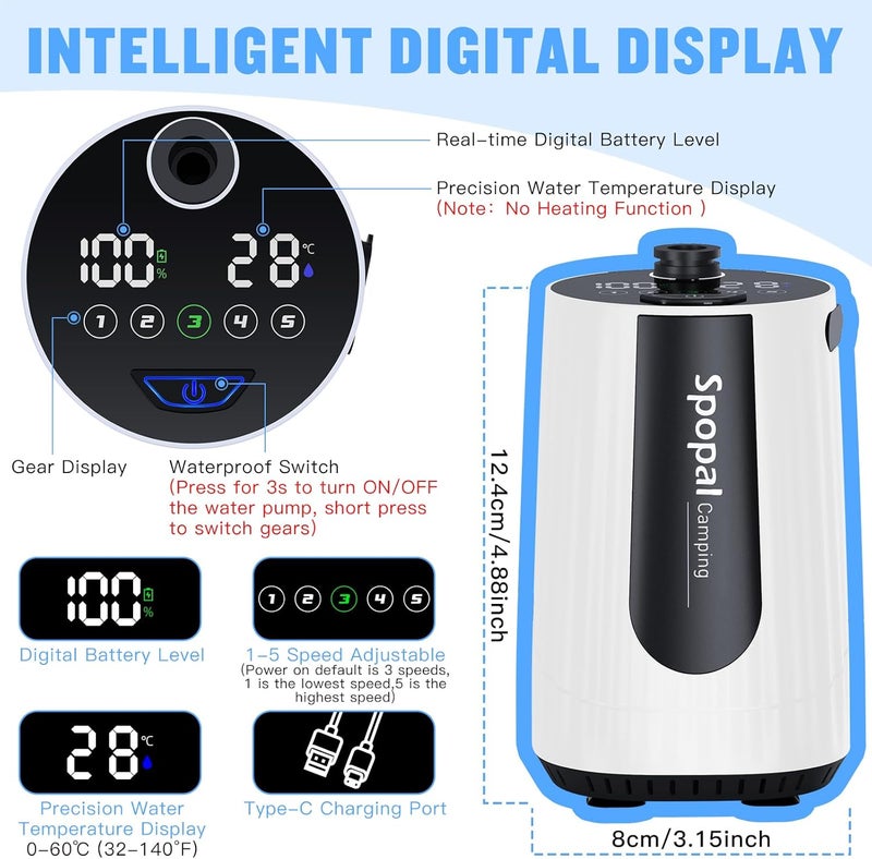 Spopal Portable Shower for Camping, [Upgraded] 10000mAh Rechargeable Camping Shower with 5 Adjustable Speeds,Premium LED Display, IPX8 Waterproof Outdoor Shower Kit for Hiking, Car, Pet, Travel - Image 4